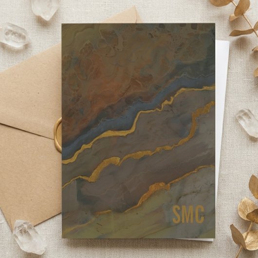 Monogram aardekleurige geode marmer bedankkaart