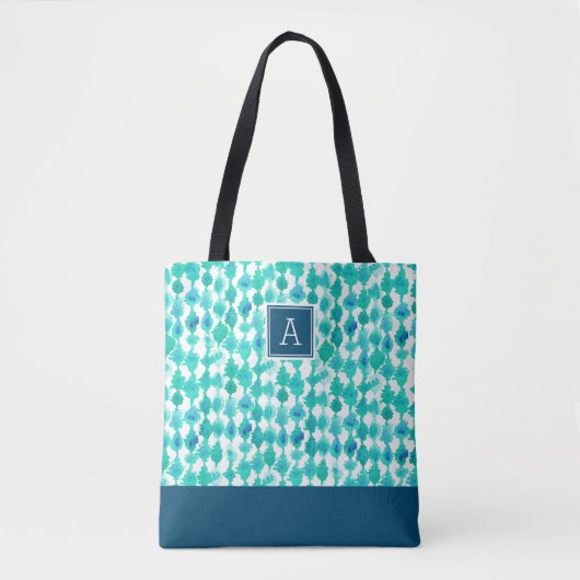 Monogram abstract blauw en Aqua Waterverf Tote Bag (Voorkant)