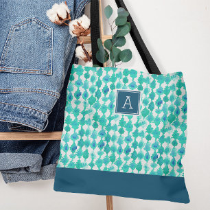 Monogram abstract blauw en Aqua Waterverf Tote Bag
