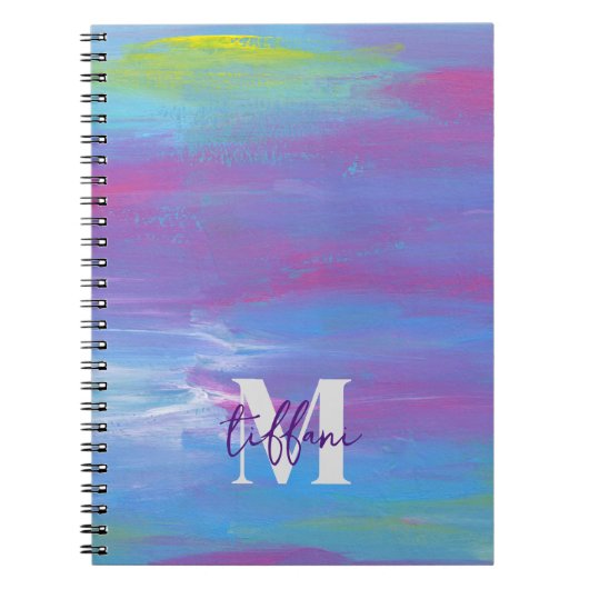 Monogram Abstract Blauw Groen Paars Wit Notitieboek (Voorkant)