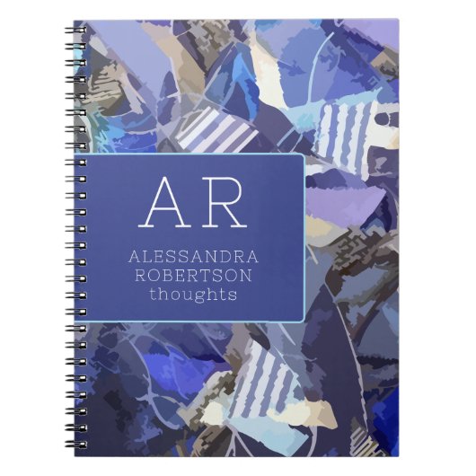 Monogram abstract blauw marineblauw paarse witte s notitieboek (Voorkant)