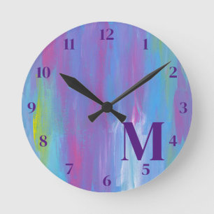 Monogram Abstract Blauw Paars Groen Wit Ronde Klok