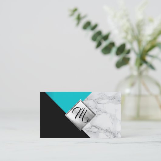 Monogram Abstract Blauwgroen, zwart en marmer Visitekaartje (Staand voorkant)