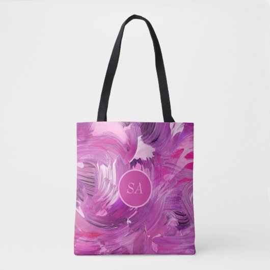 Monogram Abstract Kunstpenseel Slag Paars Roze Tote Bag (Voorkant)