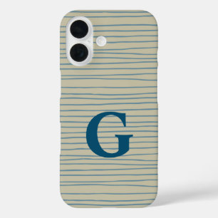 Monogram Abstract lijnpatroon Blauw en Taupe iPhone 16 Hoesje