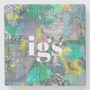 Monogram abstract patroon groen blauw grijs natuur stenen onderzetter