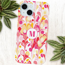 Monogram Abstract Patroon Roze Marmeren Retro iPhone 15 Case