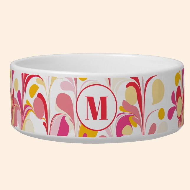 Monogram Abstract Retro Marmeren Patroon Voerbakje (Retro abstract marble pattern pink yellow monogram personalized ped food bowl)