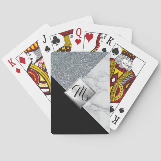 Monogram Abstract Silver Glitter en Marble Pokerkaarten (Achterkant)