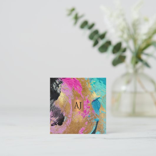 monogram abstracte acrylverfkopergoudglazen vierkante visitekaartje (Staand voorkant)