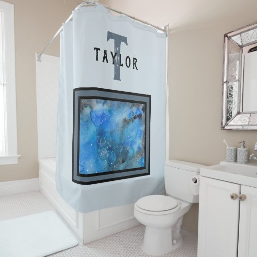 Monogram Abstracte Blauwe Zwarte Waterverf Fine Ar Douchegordijn (In situ)