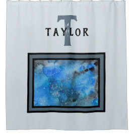 Monogram Abstracte Blauwe Zwarte Waterverf Fine Ar Douchegordijn