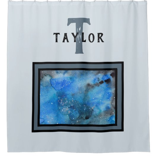 Monogram Abstracte Blauwe Zwarte Waterverf Fine Ar Douchegordijn (Voorkant)