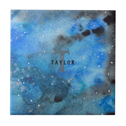 Monogram Abstracte Blauwe Zwarte Waterverf Fine Ar Tegeltje (Voorkant)