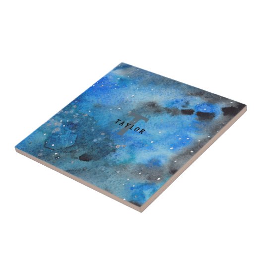 Monogram Abstracte Blauwe Zwarte Waterverf Fine Ar Tegeltje (Zijkant)