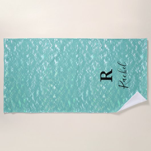 Monogram Abstracte Glitter Sparkle Blauwgroen Lake Strandlaken (Voorkant)