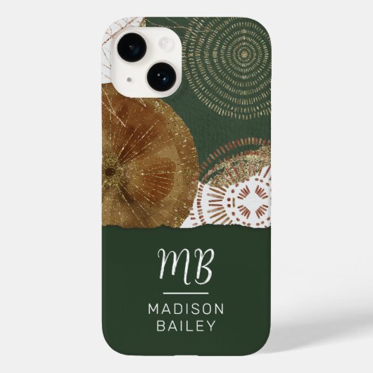 Monogram abstracte Gold Bronze Green Circles Case-Mate iPhone Case (Achterkant)