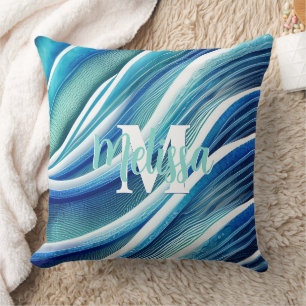 Monogram Abstracte golven in Blauw en Groen Kussen