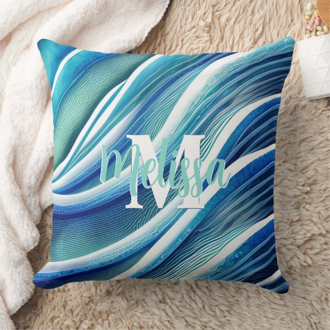 Monogram Abstracte golven in Blauw en Groen Kussen (Deken)