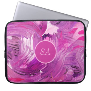 Monogram Abstracte Kunst Paarse Roze Penseel Slag Laptop Sleeve