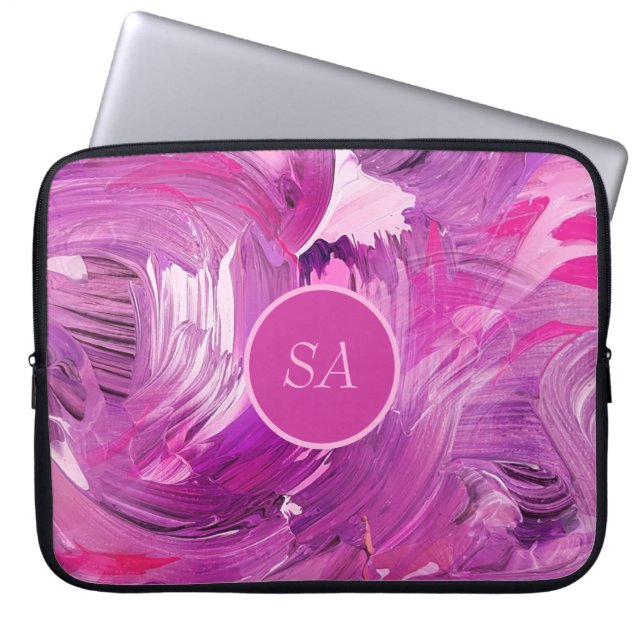 Monogram Abstracte Kunst Paarse Roze Penseel Slag Laptop Sleeve (Voorkant)