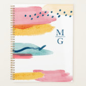 Monogram Abstracte Waterverf Navy Blue Pink Yellow Planner (Voorkant)