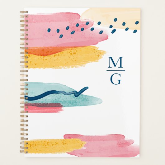 Monogram Abstracte Waterverf Navy Blue Pink Yellow Planner (Voorkant)