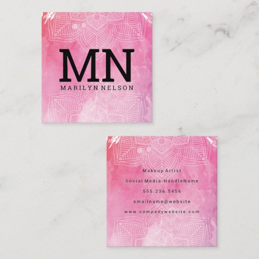 Monogram | Achtergrond Waterverf afdrukken Mandala Vierkante Visitekaartje (Voorkant / Achterkant)