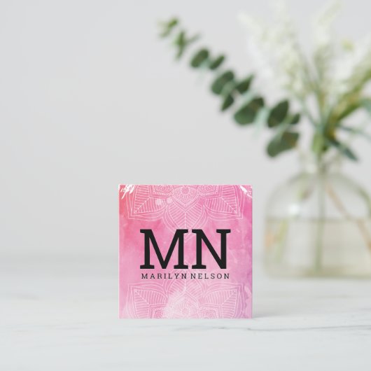 Monogram | Achtergrond Waterverf afdrukken Mandala Vierkante Visitekaartje (Staand voorkant)