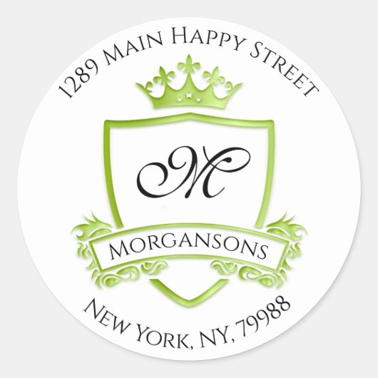 Monogram adres Crown Royal Green RSVP Ronde Sticker (Voorkant)
