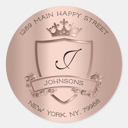 Monogram adres Crown Royal RSVP Roos Bridal Ronde Sticker (Voorkant)