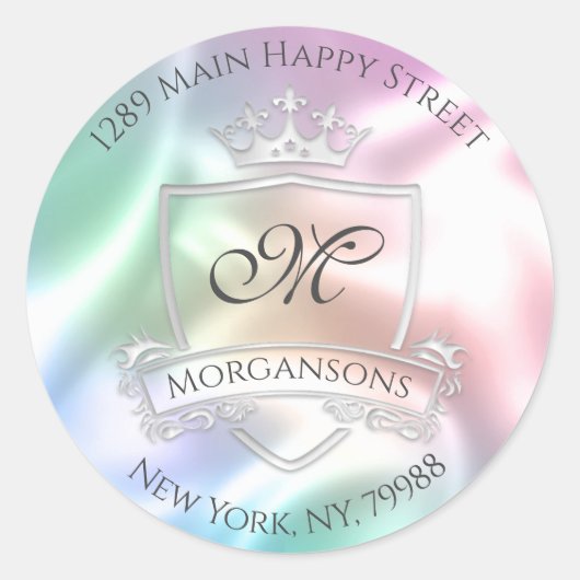 Monogram adres Crown Royal Silver Holographic Ronde Sticker (Voorkant)
