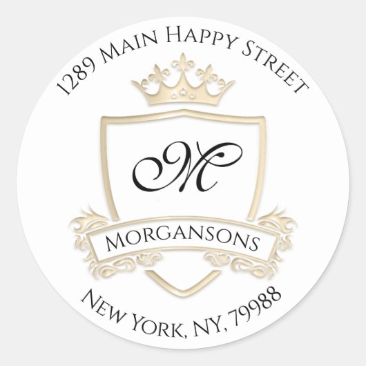Monogram adres Crown Royal White Gold RSVP Ronde Sticker (Voorkant)