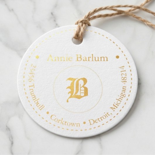 Monogram adres gestippelde cirkel bedankjes labels