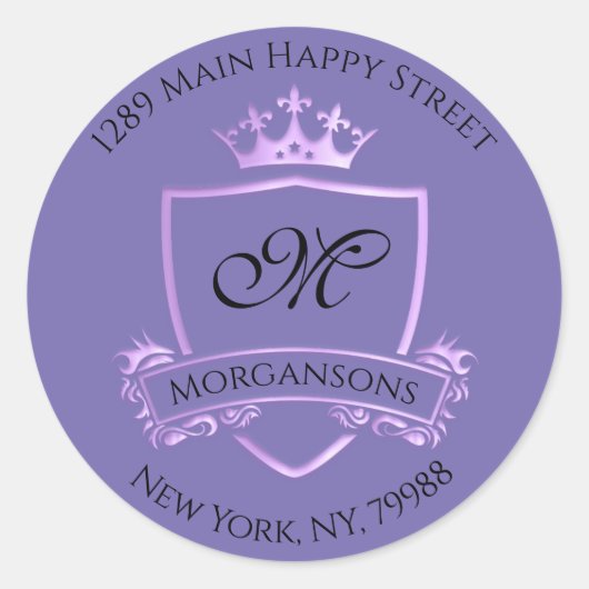 Monogram adres Kroonkoninklijk Violet Paars Ronde Sticker (Voorkant)
