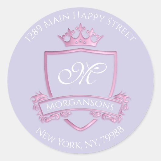 Monogram Adres Kroonroze Paarse RSVP Ronde Sticker (Voorkant)