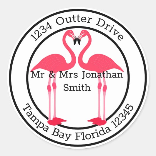 Monogram Adres met Flamingo's Ronde Sticker (Voorkant)