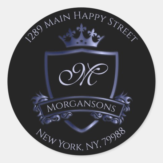 Monogram adres RSVP Crown Royal Smoky Blue Ronde Sticker (Voorkant)