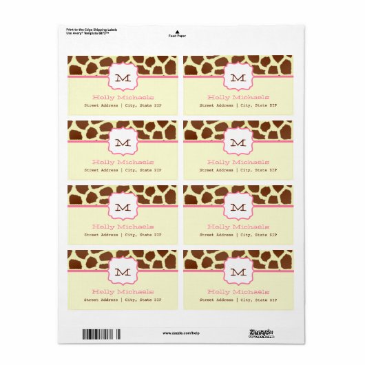 Monogram Adreslabel - Giraffe Print & Roze Etiket (Full Sheet)