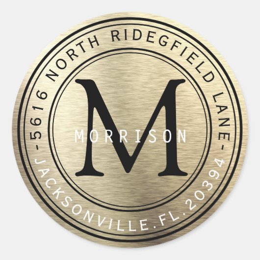 Monogram adreslabel in Brush Gold Metallic Ronde Sticker (Voorkant)