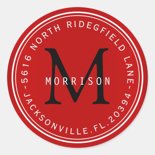Monogram adreslabel in donkerrood ronde sticker (Voorkant)