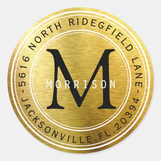 Monogram adreslabel in Gold Metallic Ronde Sticker (Voorkant)