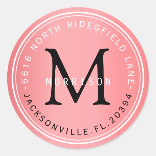 Monogram adreslabel in koraal ronde sticker (Voorkant)