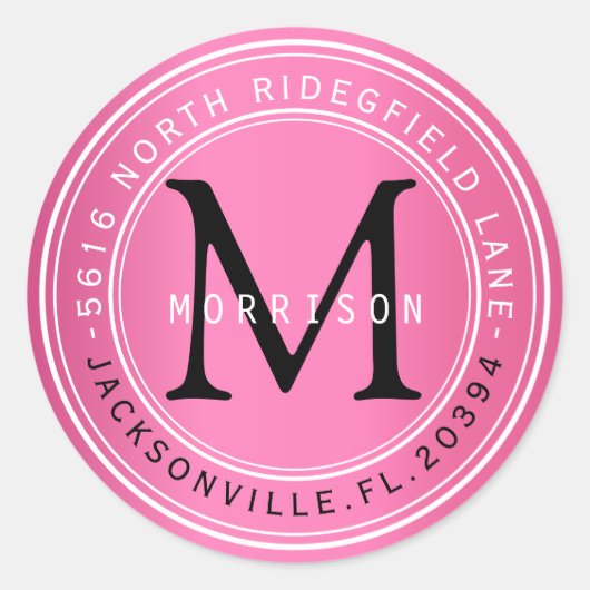 Monogram adreslabel in roze 2 ronde sticker (Voorkant)