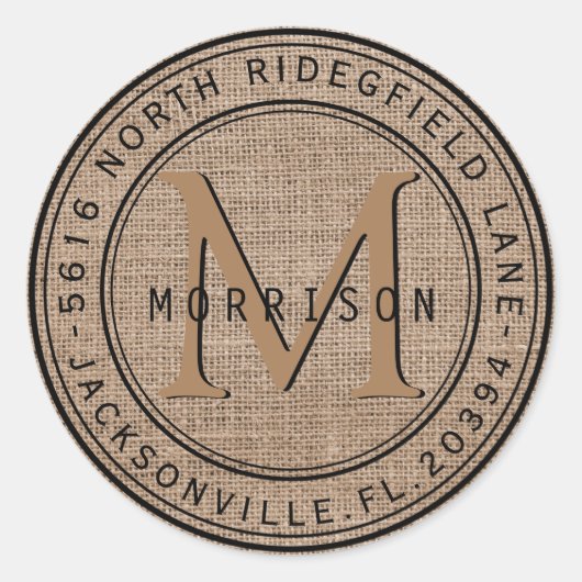 Monogram Adreslabel in Tan Burlap Ronde Sticker (Voorkant)