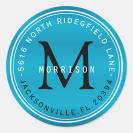 Monogram adreslabel in Turquoise blauw Ronde Sticker