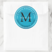Monogram adreslabel in Turquoise blauw Ronde Sticker (Tas)