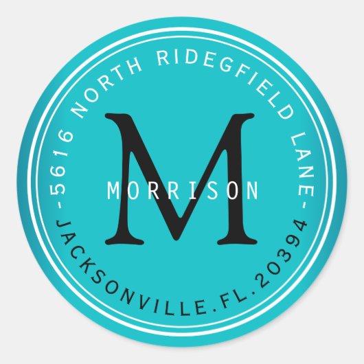 Monogram Adreslabel in Turquoise Ronde Sticker (Voorkant)