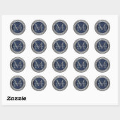 Monogram adreslabel in zilveren glitter / blauw ronde sticker (Vel)