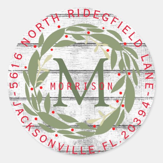 Monogram adreslabel - Kerstmis Ronde Sticker (Voorkant)